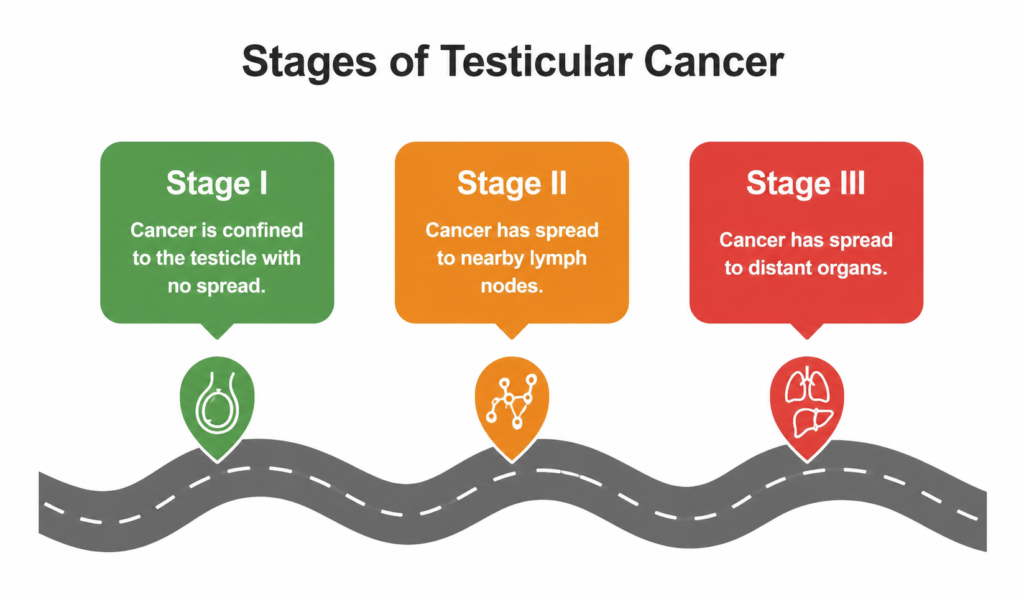 Infographic showing the three stages of testicular cancer: Stage I (confined), Stage II (lymph nodes), and Stage III (distant organs).